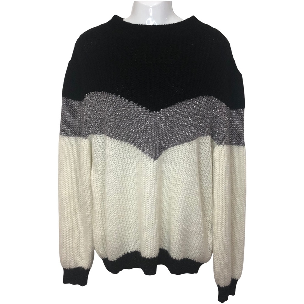 Anthropologie Black Cream Metallic Chevron Mohair Knit Sweater Large
